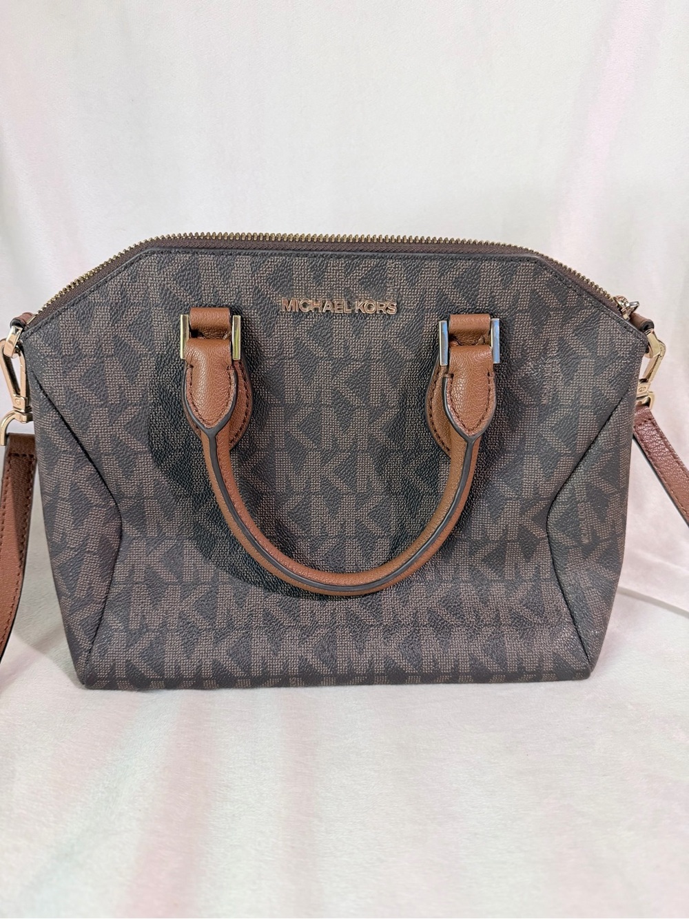 Michael Kors Brown Monogram Dome Satchel with Leather Handles